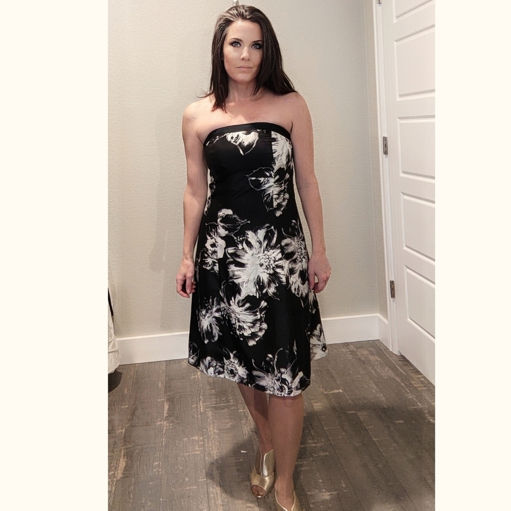 Ann Taylor Black Strapless Floral Dress with White Print